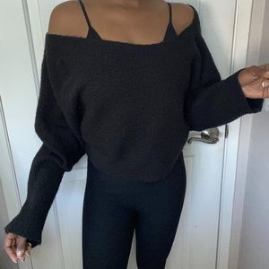 Forever 21 Loose Knit Black Off the Shoulder Long Sleeve Sweater Top